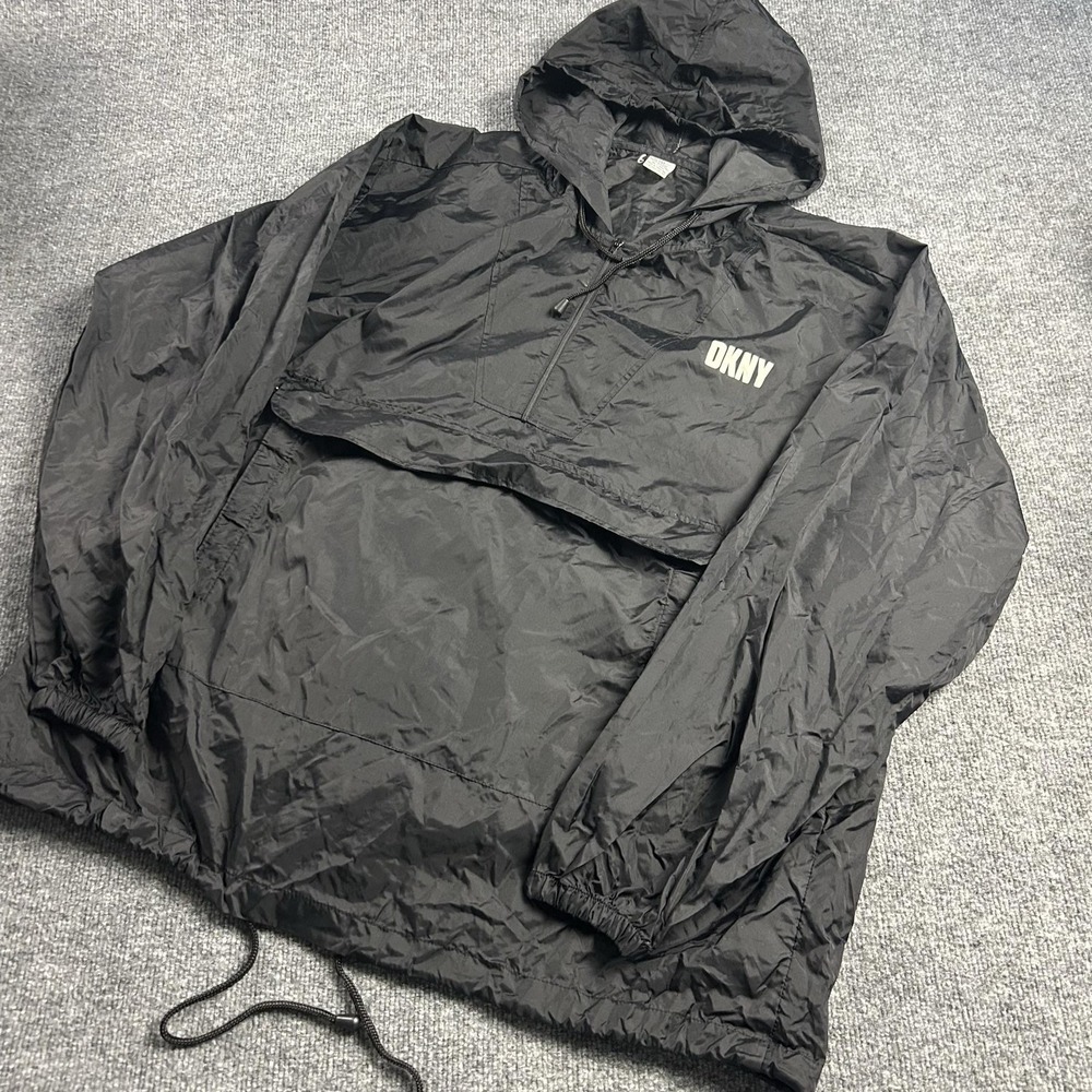 DKNY Jacket Mens Large Black Hooded Nylon Anorak 1/4 Zip Packable Rain